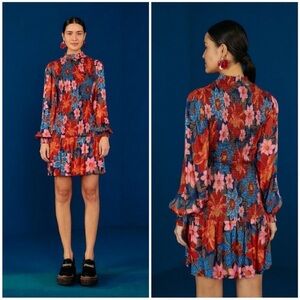 FARM RIO SMOCKED Blouson-sleeve Mini DRESS GARDEN NAVY Floral Sz XS viscose